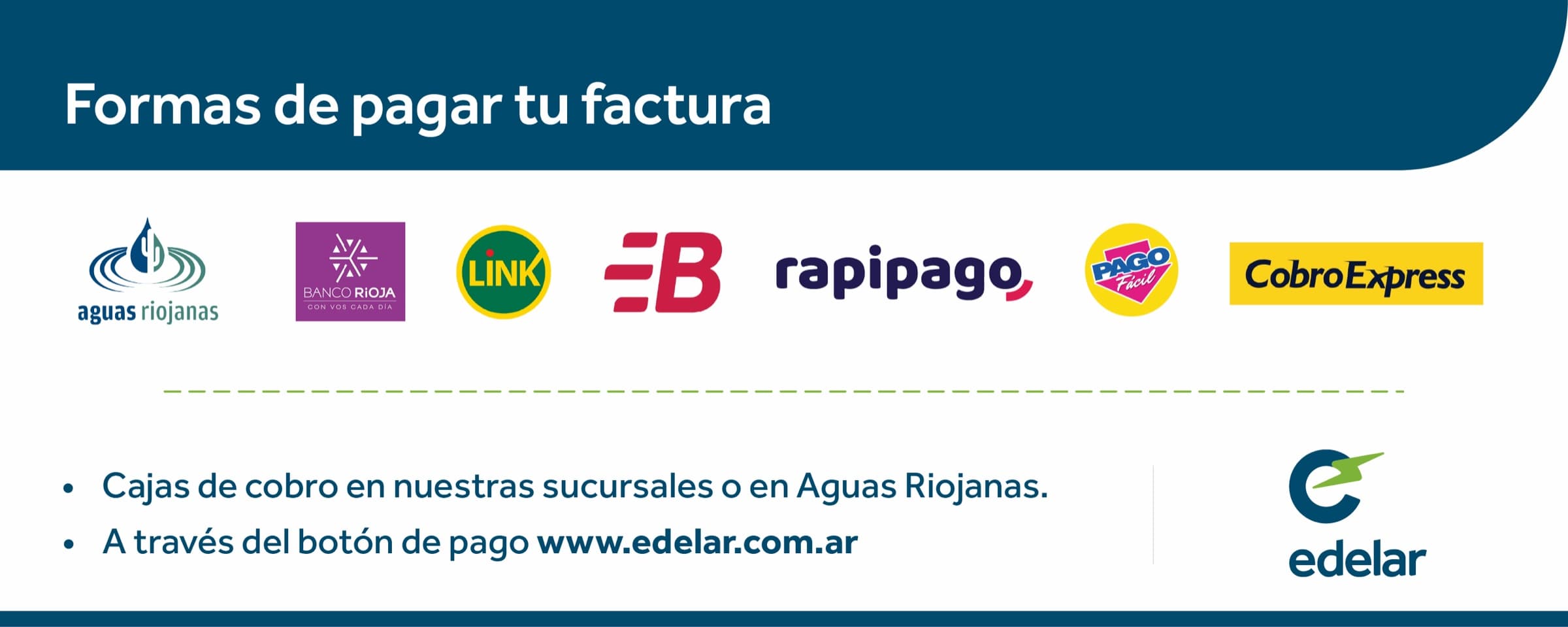 Formas de pagar tu factura: Aguas Riojanas, Banco Rioja, Red Link, Banelco, Rapipago, Pago Fácil y Cobro Express. Cajas de cobro en nuestras sucursales o en Aguas Riojanas, y el botón de pago de www.edelar.com.ar.